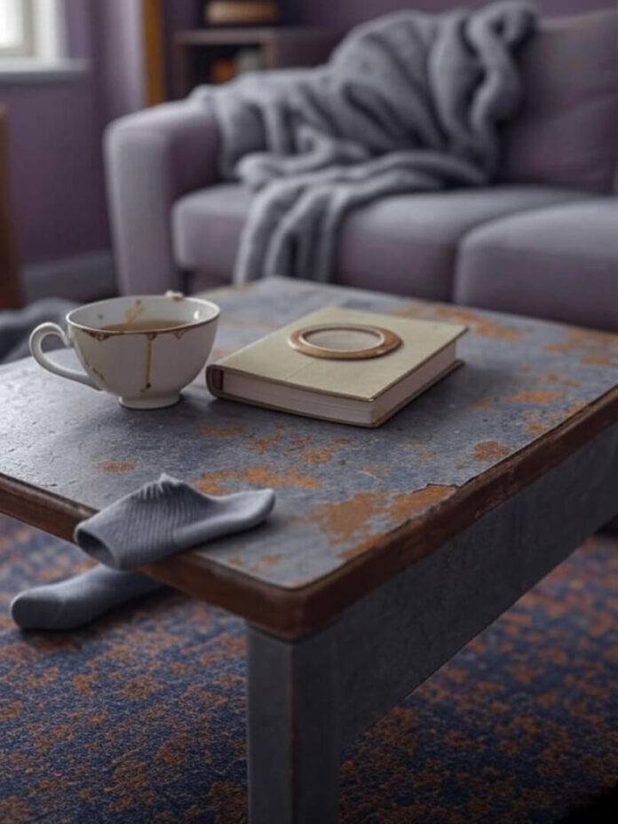 Cozy Messy Coffee Table with Tea and Book Cozy Messy Coffee Table with Tea and Book