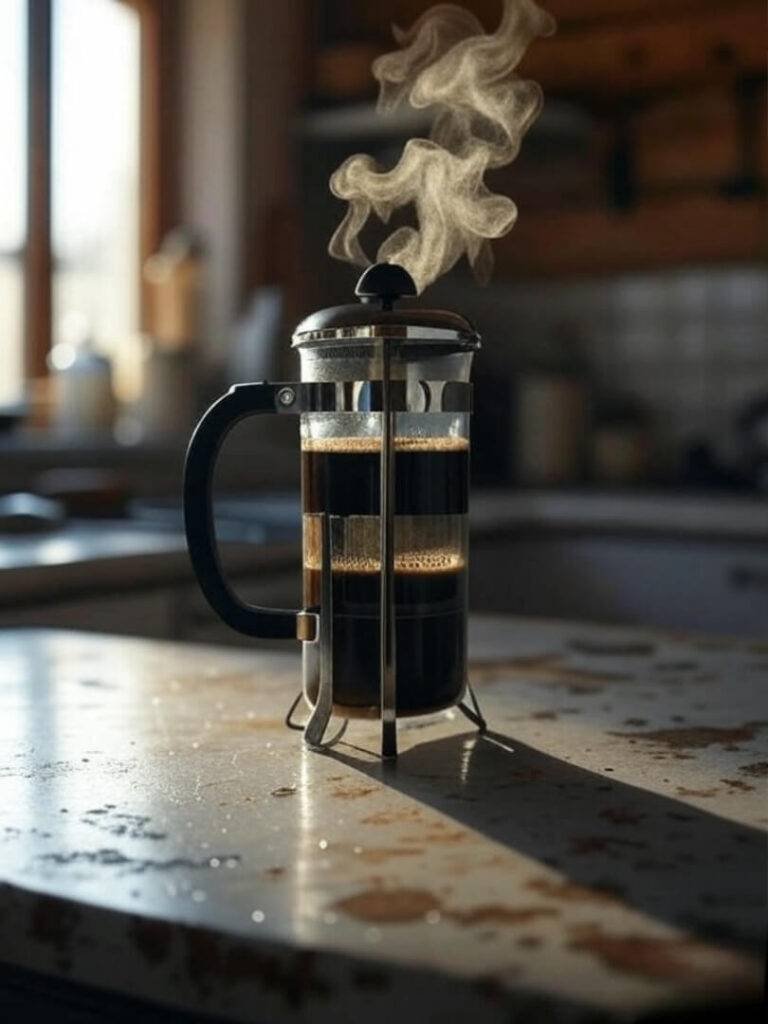 "French press coffee steaming in real-life chaos."