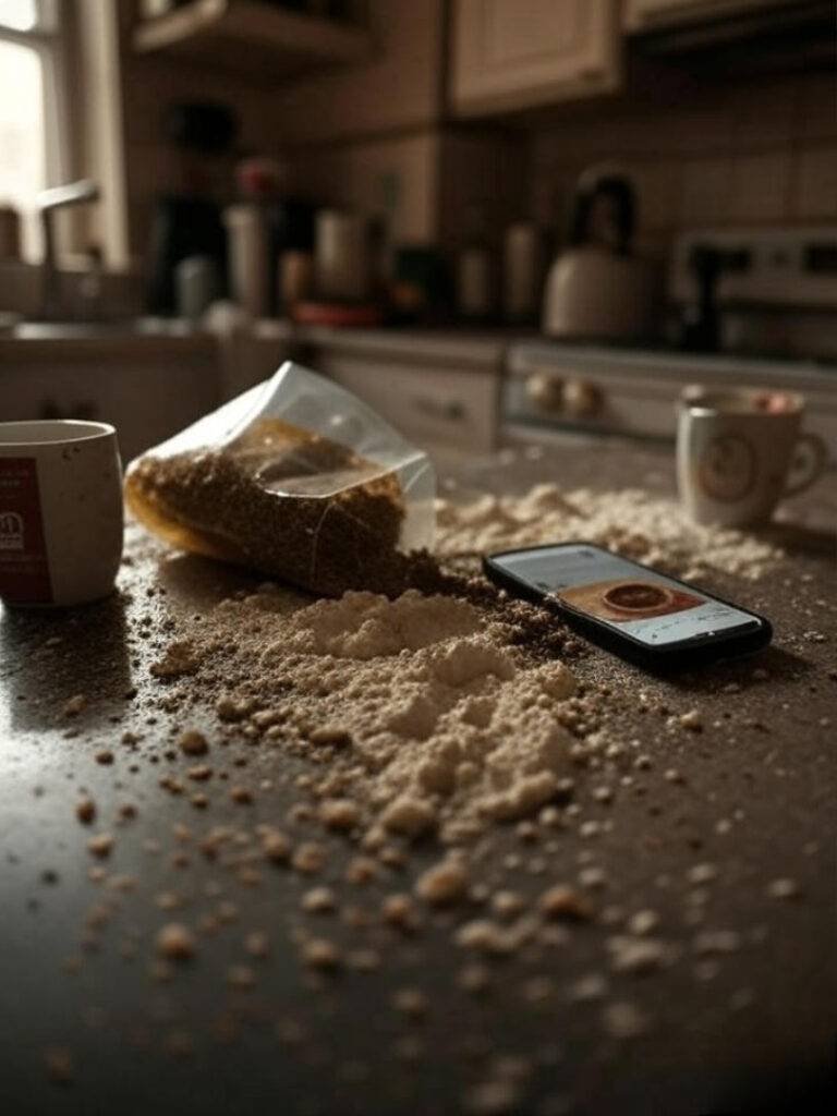 "cluttered kitchen counter with a spilled bag of loose-leaf tea"