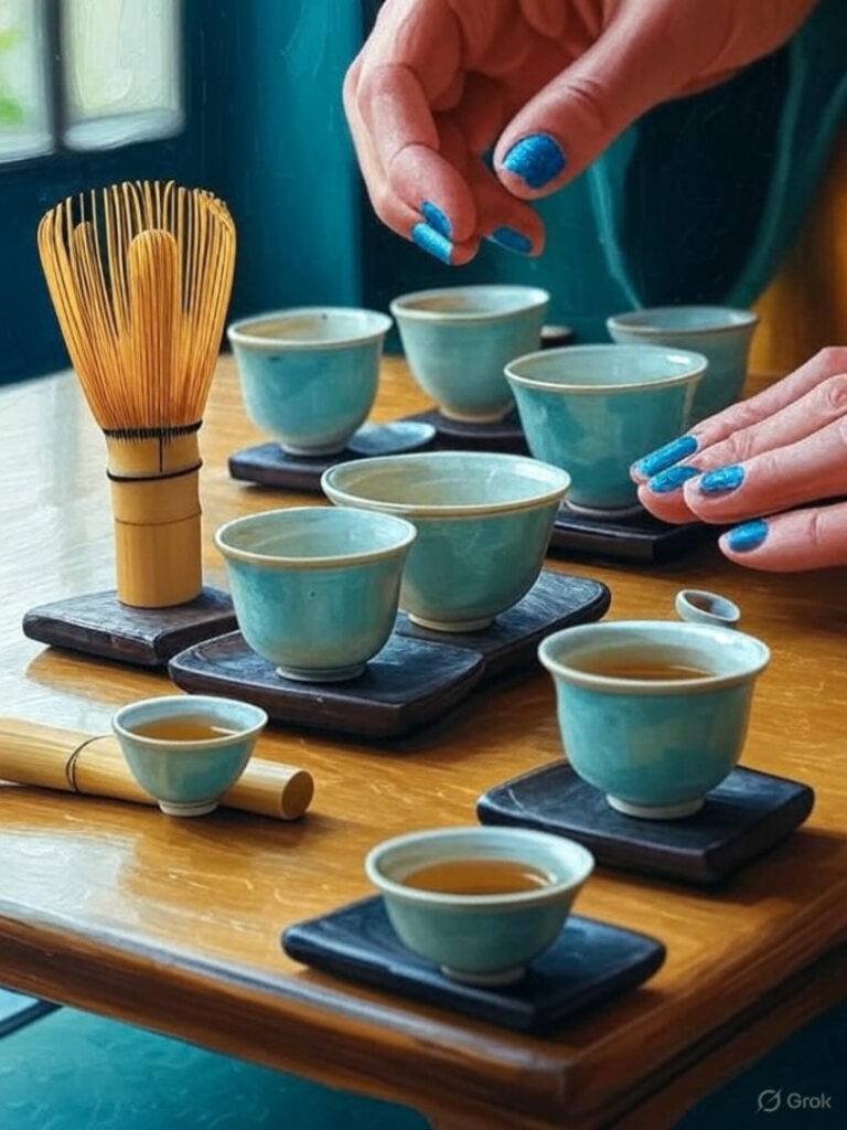 "Chaotic Tea Ceremony with Chipped Blue Nails"