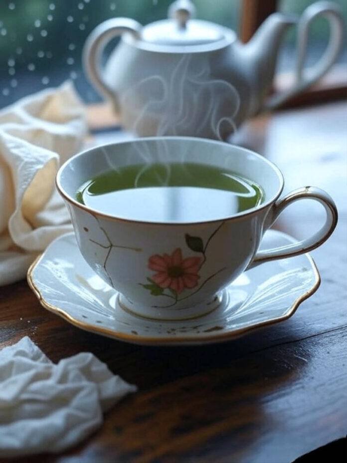 "A chipped teacup steaming with green tea" "A chipped teacup steaming with green tea"