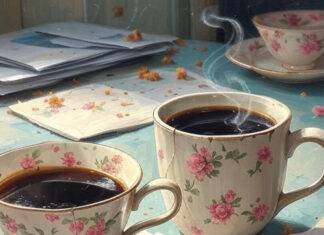 Tea vs. Coffee: Which One Fits Your Lifestyle? "blurry photorealistic shot of my messy Tacoma desk—chipped teacup spilling green tea"