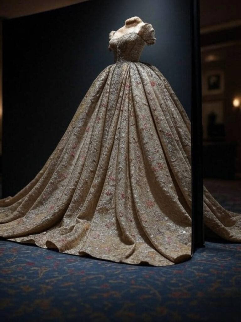 A dramatic shot of “Savage Beauty” open to a full-spread image of one of McQueen’s iconic gowns, soft overhead lighting.