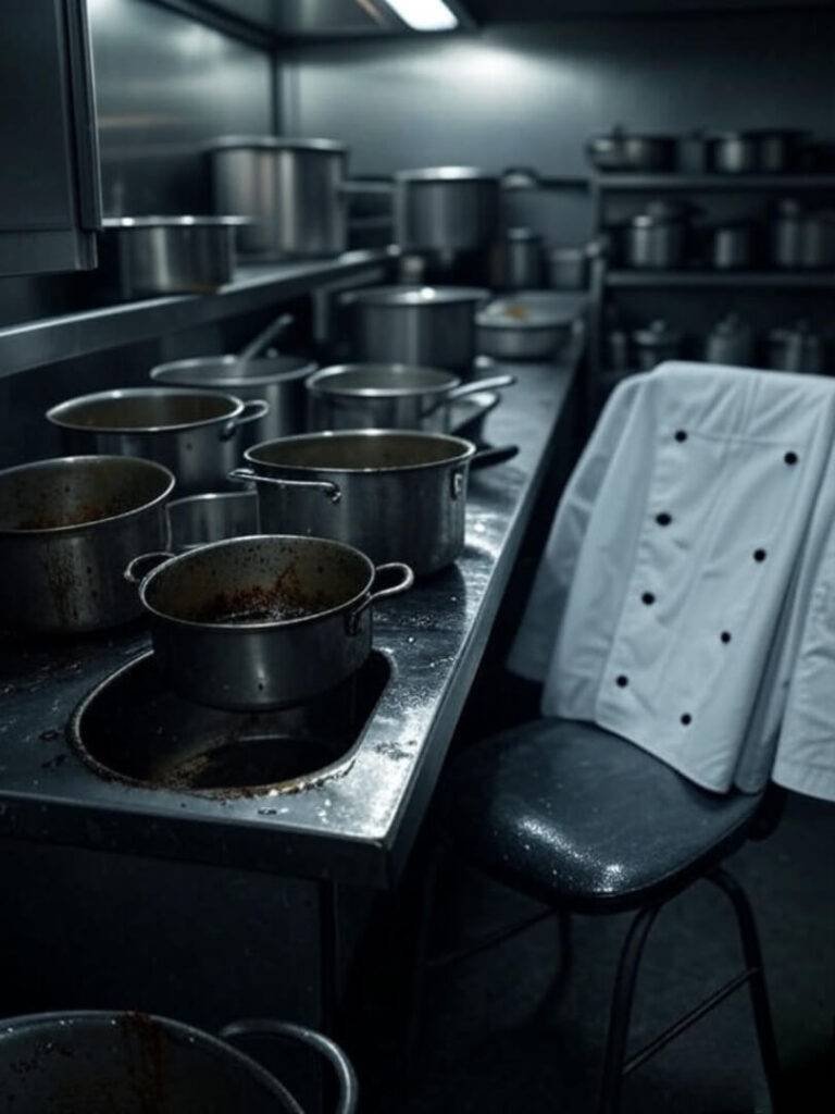 "Messy sink with dirty pans and tossed jacket."