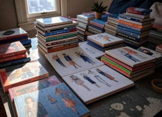 The Best Fashion Books for Aspiring Designers (From My Queens Coffee Table) Stacks of colorful fashion books, a sketchpad with scribbles, coffee stains, and sunlight streaming through a crooked blind.