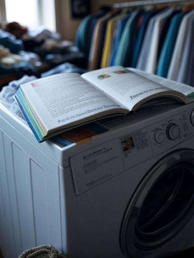 A slightly chaotic shot of “Fashion Design Course” open on top of a washing machine with laundry in the background.