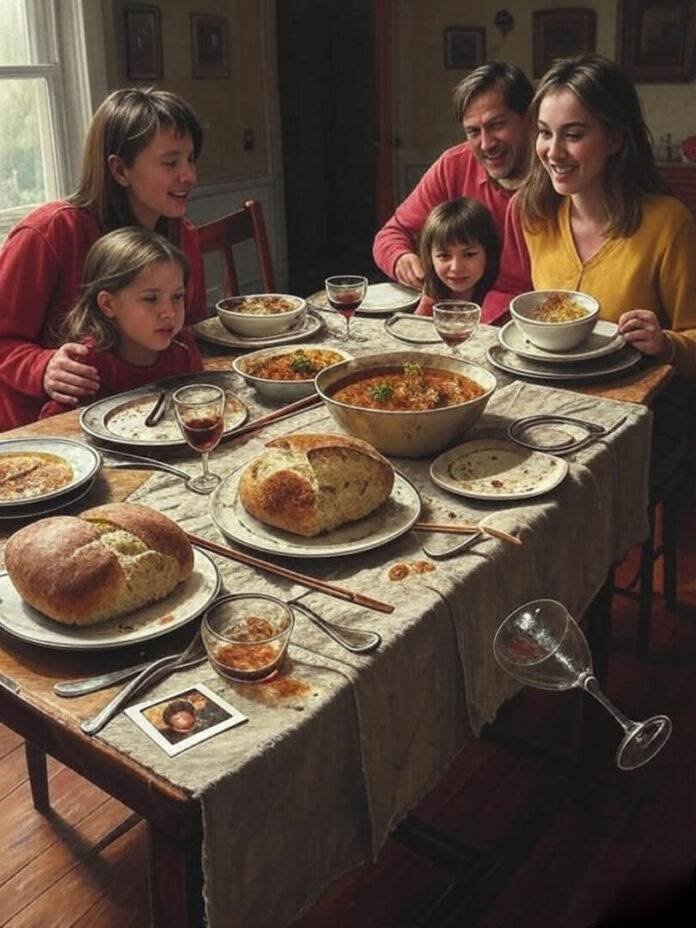 "Messy curry table with bread, wine, and cat." "Messy curry table with bread, wine, and cat."