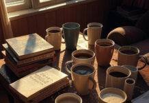 Coffee Table Books for Caffeine Addicts messy coffee table with mismatched mugs, stacks of artsy books about coffee, sunlight streaming through a dusty Queens apartment window.
