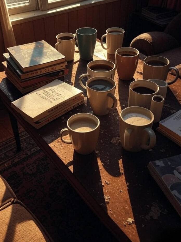 messy coffee table with mismatched mugs, stacks of artsy books about coffee, sunlight streaming through a dusty Queens apartment window. messy coffee table with mismatched mugs, stacks of artsy books about coffee, sunlight streaming through a dusty Queens apartment window.