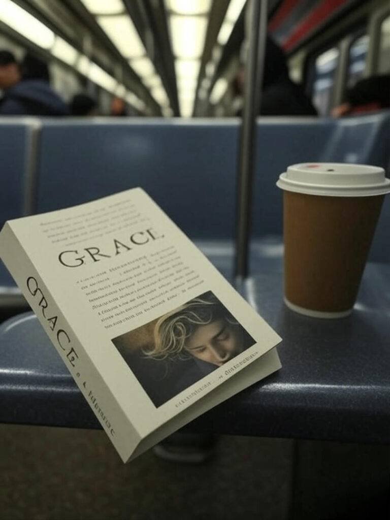 A candid shot of “Grace: A Memoir” open on a subway seat next to a coffee cup. Overhead fluorescent lighting.