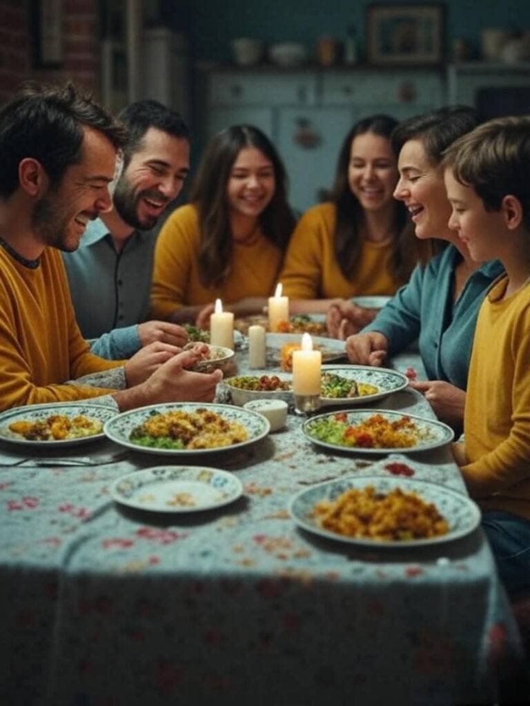 "A chaotic family dinner table which emphasize laughter and clutter."