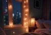 How to Build a Sleep Routine That Actually Works (Without Losing Your Mind) A cozy NYC apartment bedroom at night, warm string lights glowing, a half-read book on the nightstand, soft vintage-filtered style.