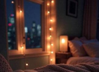 How to Build a Sleep Routine That Actually Works (Without Losing Your Mind) A cozy NYC apartment bedroom at night, warm string lights glowing, a half-read book on the nightstand, soft vintage-filtered style.