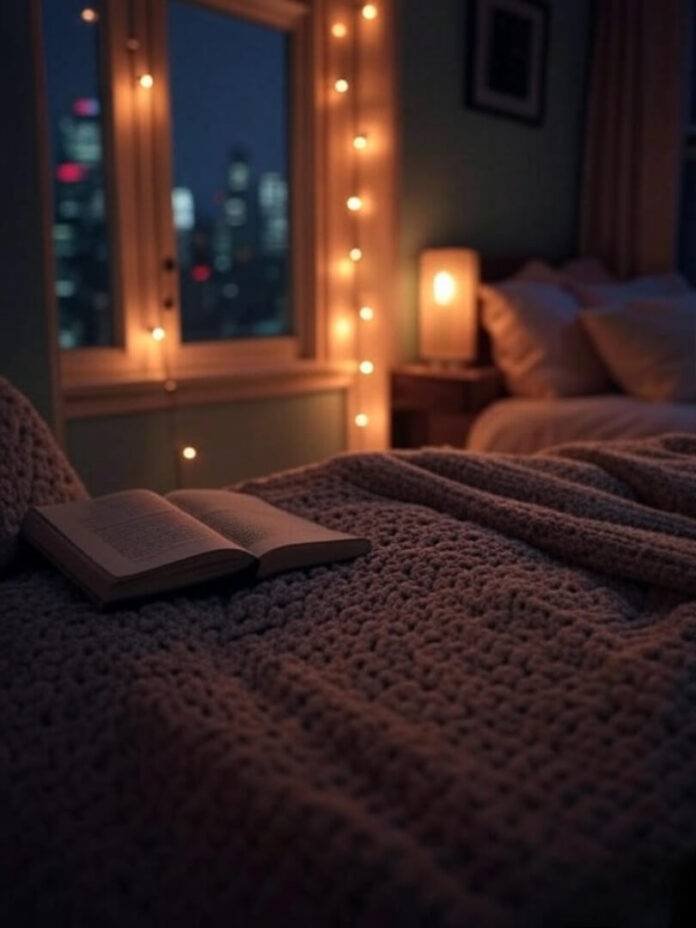 A cozy NYC apartment bedroom at night, warm string lights glowing, a half-read book on the nightstand, soft vintage-filtered style. A cozy NYC apartment bedroom at night, warm string lights glowing, a half-read book on the nightstand, soft vintage-filtered style.