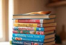 11 Food Memoirs That Will Make You Laugh and Cry Stack of colorful food memoirs with a wooden spoon on top. Soft morning light.