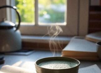 The Best Books About Tea Culture Around the World A flat lay of the book next to a steaming matcha bowl on a messy kitchen counter — natural light streaming in