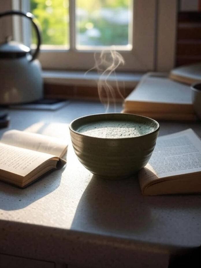 A flat lay of the book next to a steaming matcha bowl on a messy kitchen counter — natural light streaming in A flat lay of the book next to a steaming matcha bowl on a messy kitchen counter — natural light streaming in