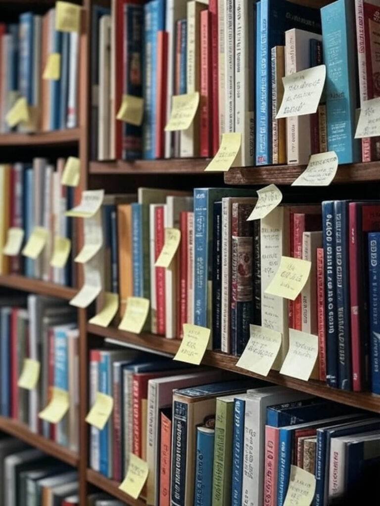 "Messy cookbook shelf with scattered sticky notes."
