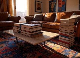 Coffee Table Fashion Books That Double as Decor (My Actual Favorites) A high-res photo of a cozy Queens NYC living room with a worn leather sofa, a funky patterned rug