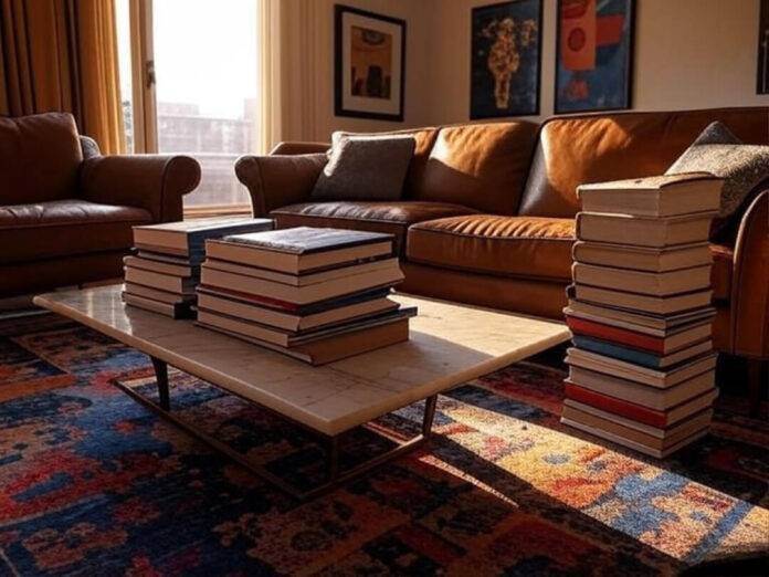 A high-res photo of a cozy Queens NYC living room with a worn leather sofa, a funky patterned rug A high-res photo of a cozy Queens NYC living room with a worn leather sofa, a funky patterned rug