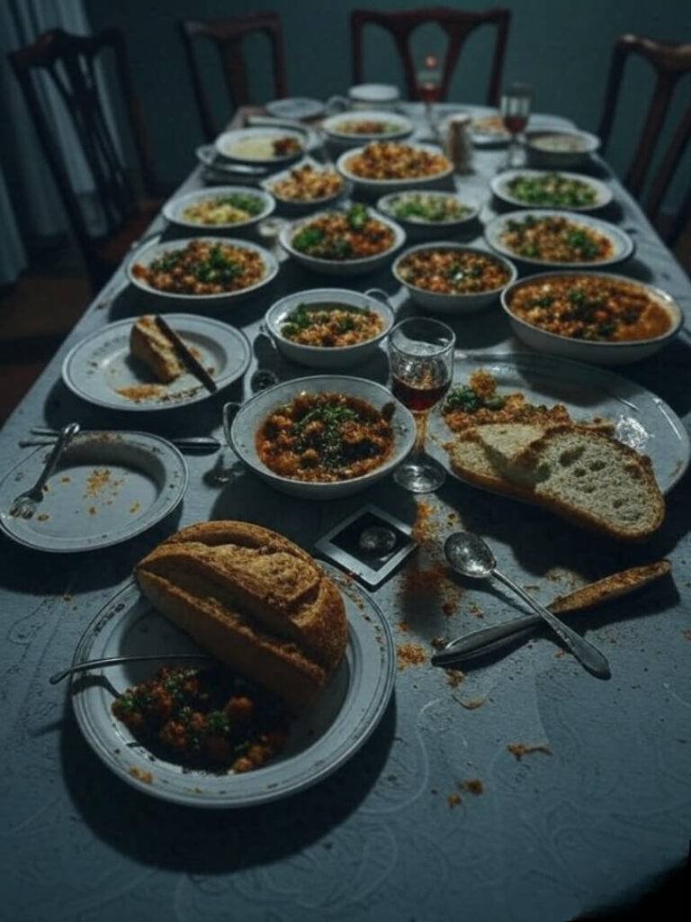 "Messy table with bread and wine."