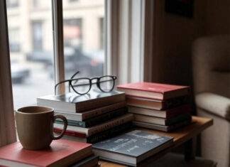 Fashion Books That Changed the Way We Dress a cozy NYC apartment window seat with a stack of fashion books, coffee mug, and vintage glasses