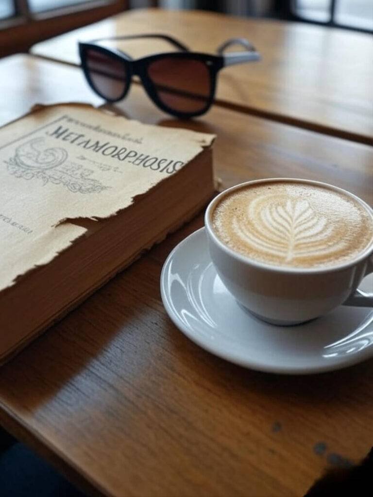 a flat lay of a tattered vintage copy of the book next to a cappuccino and oversized sunglasses — natural light from a café window.