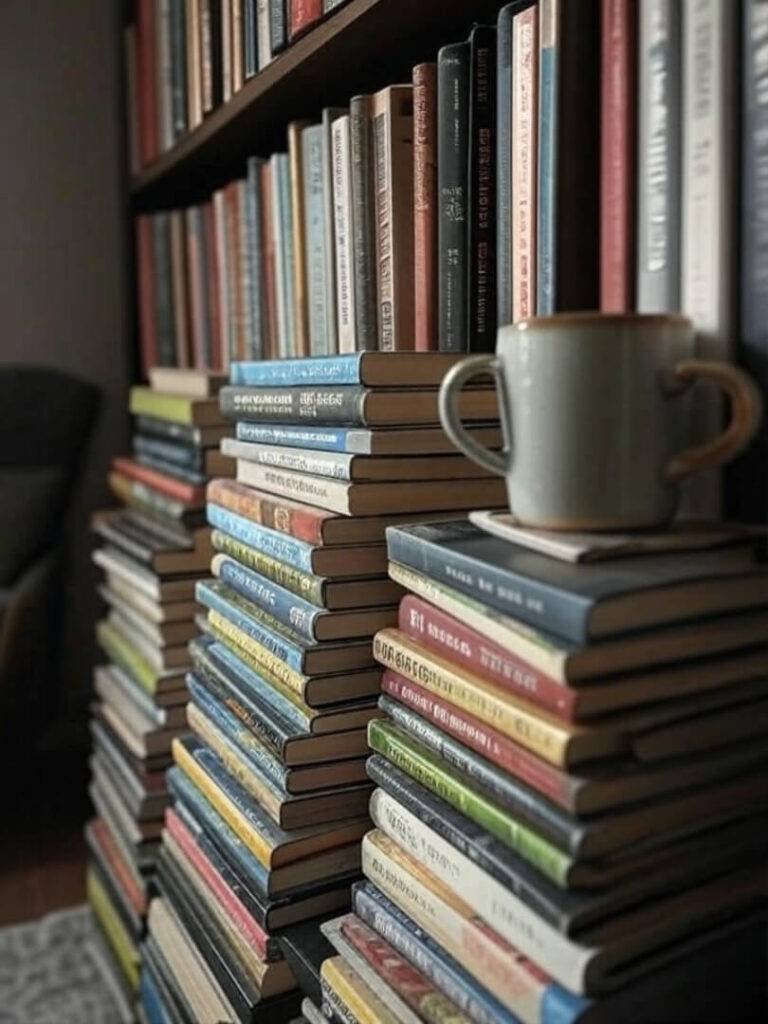 Cluttered food memoir shelf with coffee mug ring.