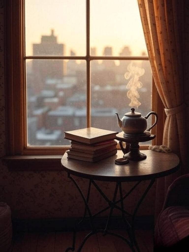 a cozy Queens apartment window with a steaming teapot, stacked tea books, and muted city skyline — slightly vintage-filtered digital painting style.