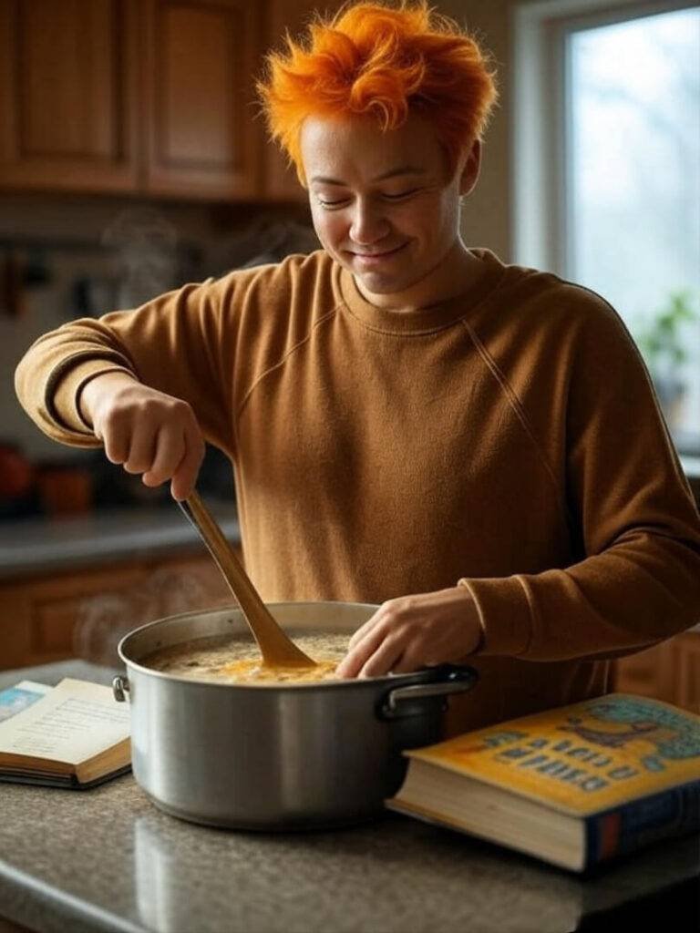 Close-up of someone stirring a big pot of soup with a book propped open nearby.