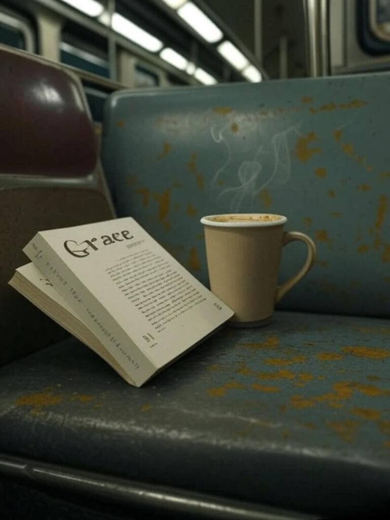 A candid shot of “Grace: A Memoir” open on a subway seat next to a coffee cup. Overhead fluorescent lighting.