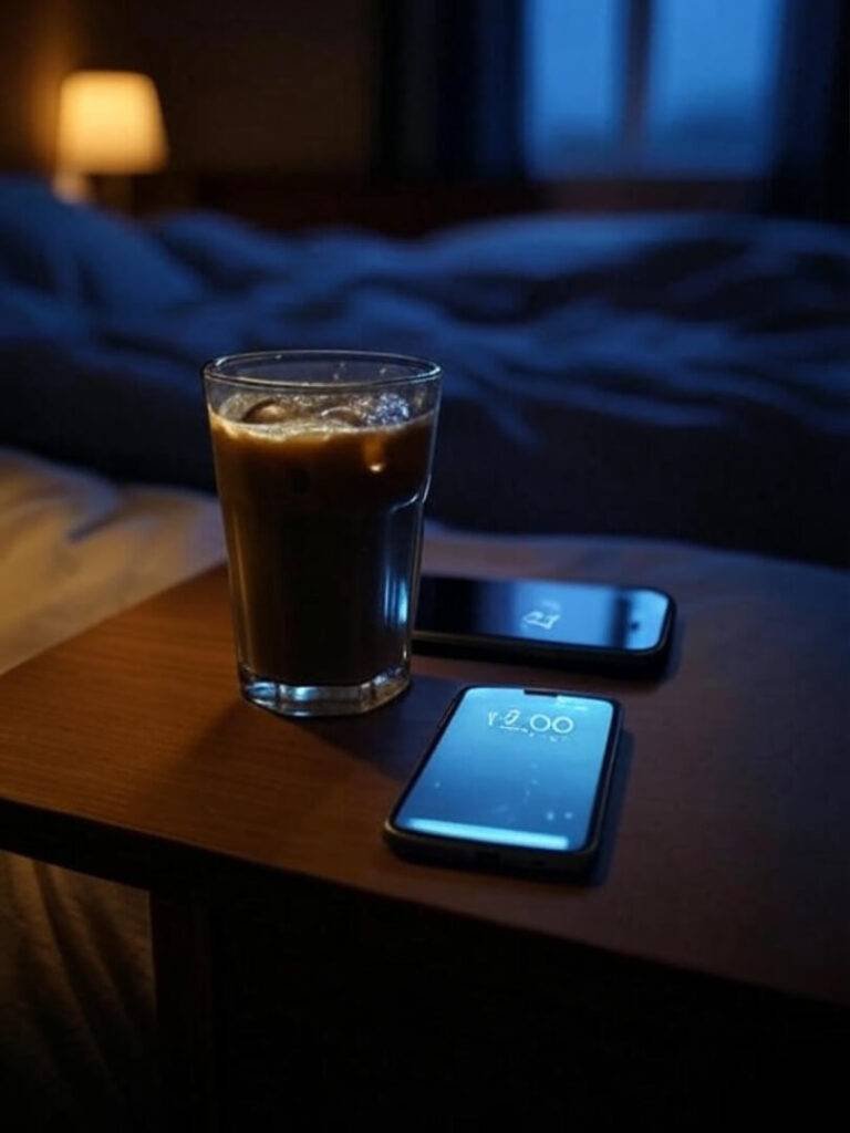 A half-drunk iced coffee on a nightstand next to a phone glowing at midnight, dim warm lighting.