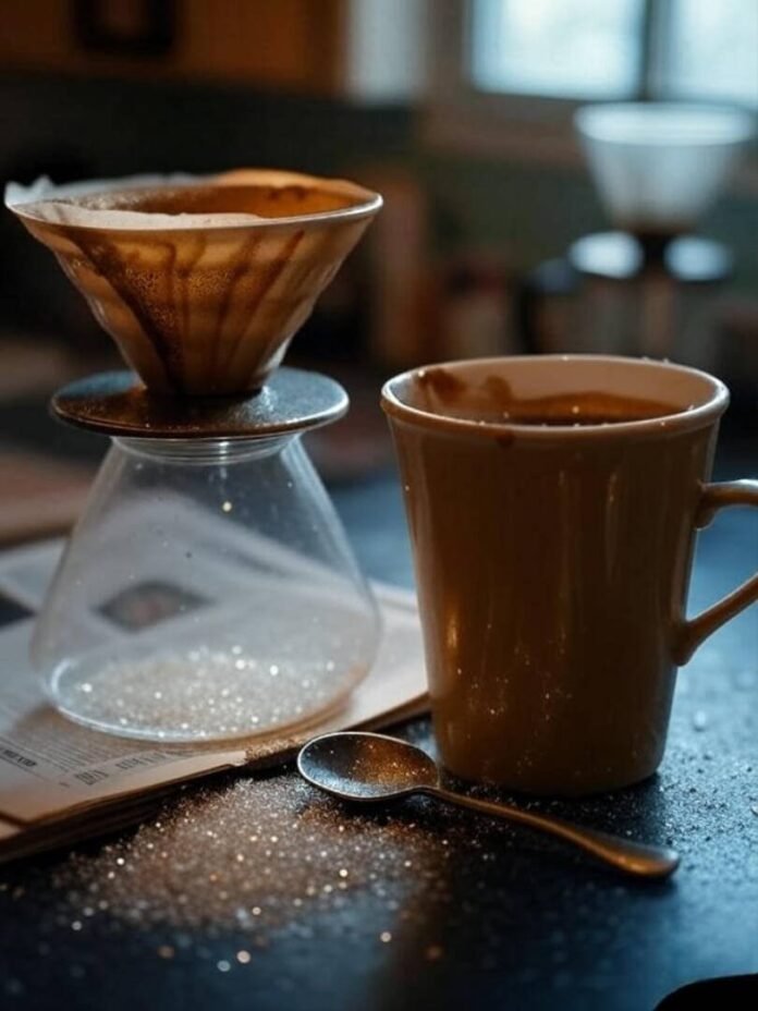 "Lipstick Coffee Chaos: Retro Morning Struggle"