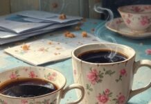 Tea vs. Coffee: Which One Fits Your Lifestyle? "blurry photorealistic shot of my messy Tacoma desk—chipped teacup spilling green tea"