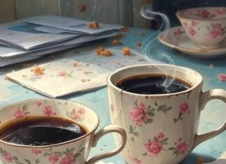 Tea vs. Coffee: Which One Fits Your Lifestyle? "blurry photorealistic shot of my messy Tacoma desk—chipped teacup spilling green tea"