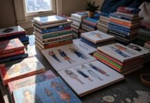 The Best Fashion Books for Aspiring Designers (From My Queens Coffee Table) Stacks of colorful fashion books, a sketchpad with scribbles, coffee stains, and sunlight streaming through a crooked blind.