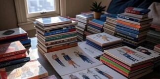 The Best Fashion Books for Aspiring Designers (From My Queens Coffee Table) Stacks of colorful fashion books, a sketchpad with scribbles, coffee stains, and sunlight streaming through a crooked blind.