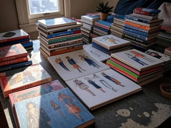 Stacks of colorful fashion books, a sketchpad with scribbles, coffee stains, and sunlight streaming through a crooked blind.