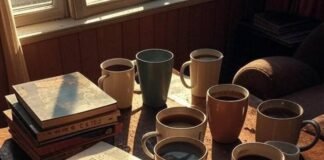 Coffee Table Books for Caffeine Addicts messy coffee table with mismatched mugs, stacks of artsy books about coffee, sunlight streaming through a dusty Queens apartment window.