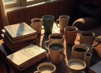 Coffee Table Books for Caffeine Addicts messy coffee table with mismatched mugs, stacks of artsy books about coffee, sunlight streaming through a dusty Queens apartment window.