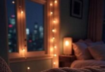 How to Build a Sleep Routine That Actually Works (Without Losing Your Mind) A cozy NYC apartment bedroom at night, warm string lights glowing, a half-read book on the nightstand, soft vintage-filtered style.