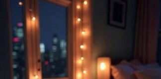 How to Build a Sleep Routine That Actually Works (Without Losing Your Mind) A cozy NYC apartment bedroom at night, warm string lights glowing, a half-read book on the nightstand, soft vintage-filtered style.