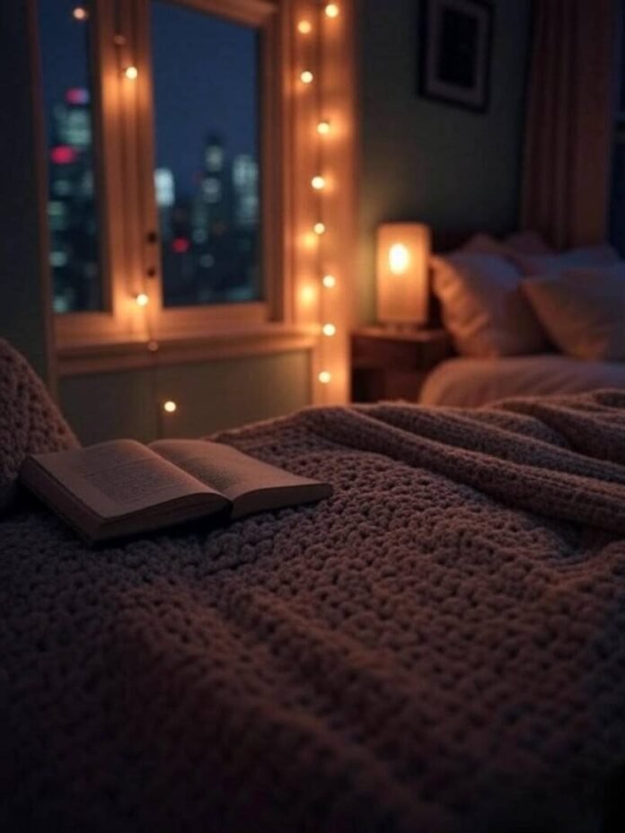 A cozy NYC apartment bedroom at night, warm string lights glowing, a half-read book on the nightstand, soft vintage-filtered style. A cozy NYC apartment bedroom at night, warm string lights glowing, a half-read book on the nightstand, soft vintage-filtered style.