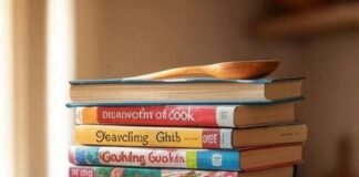 11 Food Memoirs That Will Make You Laugh and Cry Stack of colorful food memoirs with a wooden spoon on top. Soft morning light.