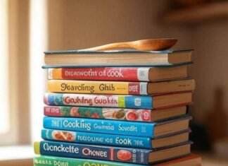 11 Food Memoirs That Will Make You Laugh and Cry Stack of colorful food memoirs with a wooden spoon on top. Soft morning light.