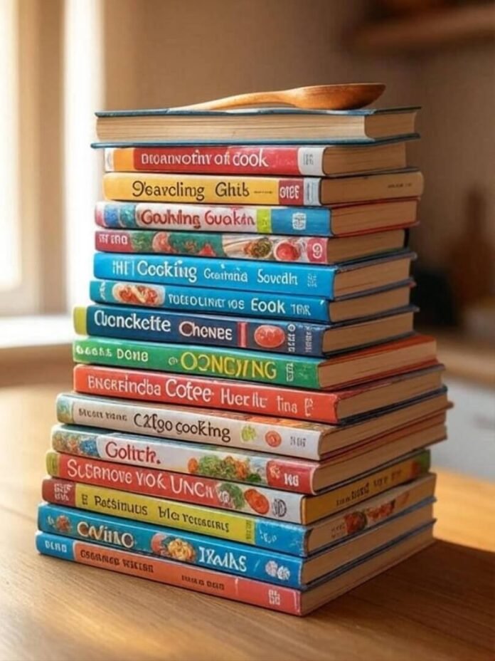 Stack of colorful food memoirs with a wooden spoon on top. Soft morning light.