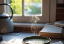 The Best Books About Tea Culture Around the World A flat lay of the book next to a steaming matcha bowl on a messy kitchen counter — natural light streaming in