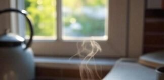 The Best Books About Tea Culture Around the World A flat lay of the book next to a steaming matcha bowl on a messy kitchen counter — natural light streaming in