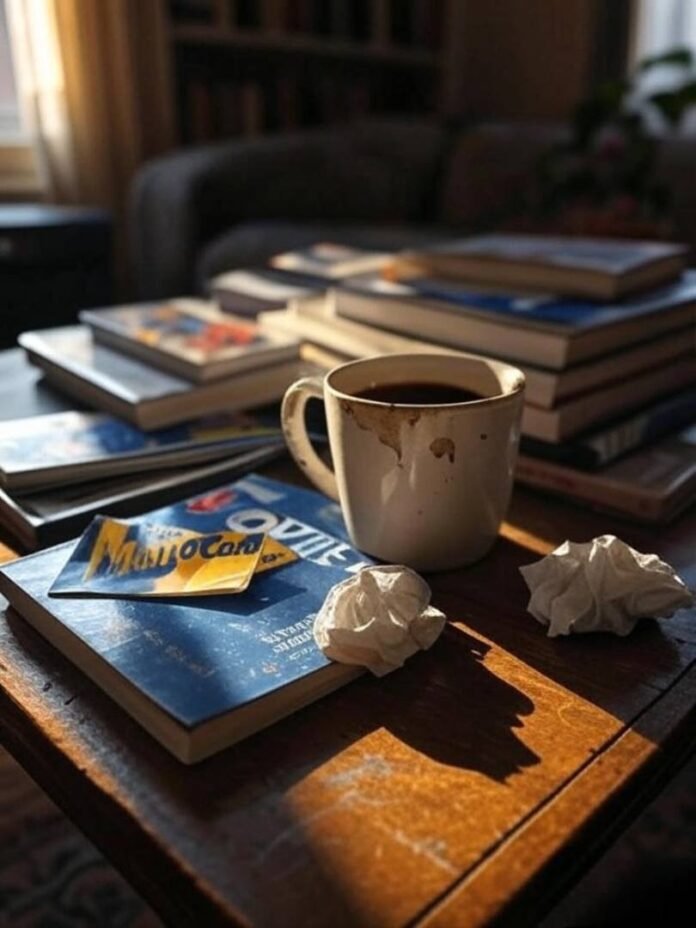 A high-res photo of a cluttered but chic Queens NYC apartment coffee table stacked with glossy fashion books, a chipped mug of coffee, and a crumpled MetroCard.