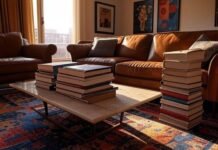 Coffee Table Fashion Books That Double as Decor (My Actual Favorites) A high-res photo of a cozy Queens NYC living room with a worn leather sofa, a funky patterned rug